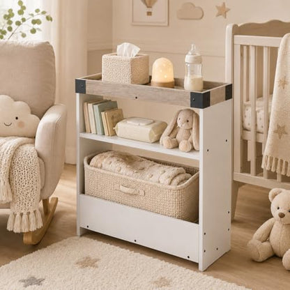 Farmhouse Narrow Side Table with Tray Top & Magazine Rack, Oak & White Sofa Couch Side Table with Storage Shelf, 24" Slim End Table for Small Spaces, Modern Nightstand for Bedroom, Living Room - color: White & Oak