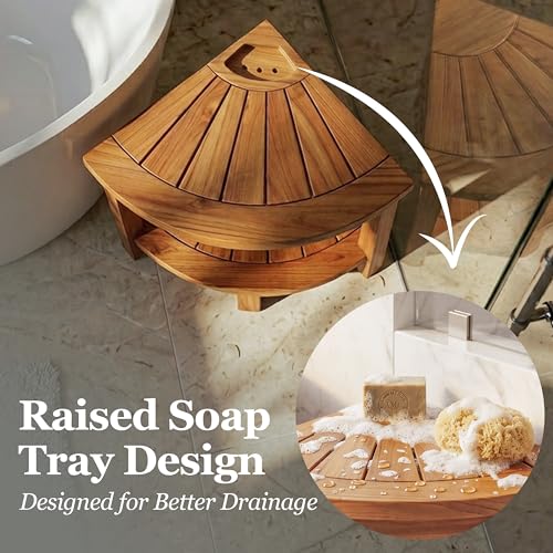 HOMESTEAD Teak Shower Stool with 2 Tier Storage Shelf, Compact Corner Shower Bench for Inside Shower, Bathroom Seat with Soap Holder, Shower Foot Rest and Shower Stool for Shaving Legs