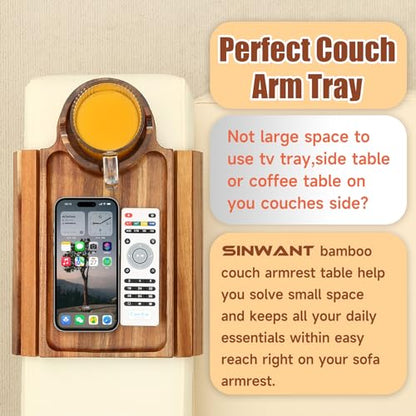 Couch Cup Holder Tray,Acacia Wood Sofa Arm Clip on Tray Table with 360° Rotation Cup Holder,Foldable Anti-Slip Couch Armrest Table for Coffee Mug,Water Bottles,Snacks,Remote on Large Armrest - color: Acacia Wood