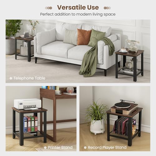 Giantex 2-Tier End Table Set of 2, 16 Inch Small Side Table w/Mesh Storage Shelf, Industrial Telephone Table with Heavy-Duty Metal Frame, Square Sofa Table for Small Space Living Room, Rustic Brown