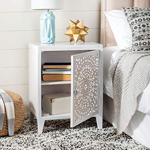 SAFAVIEH Furniture - Thea 1-Door Carved Nightstand - White Washed - Mango Wood - Artisan Global Design - Ideal for Bedroom, 20"W x 14"D x 26"H - Fully Assembled (NST5300C) - color: White Washed