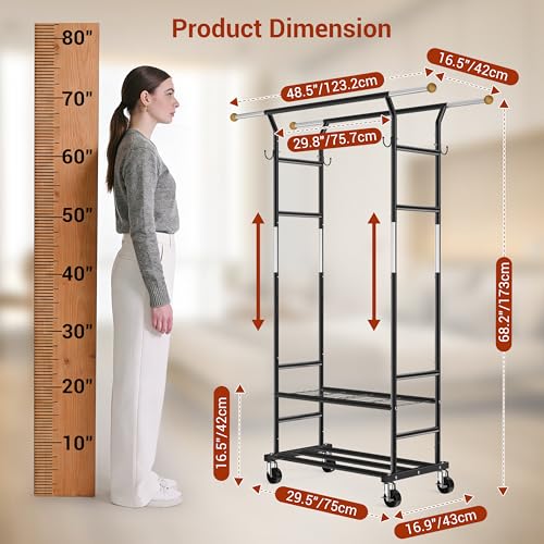 Clothes Rack with 3-Level Height Adjustment - Double Rod Extendable Hanging Rails with Wooden Finials, Luxury 2-Tier Metal Storage Shelves - Sturdy Wardrobe Rack for Closet, Bedroom or Laundry - color: 2-Tier (68.5 H")