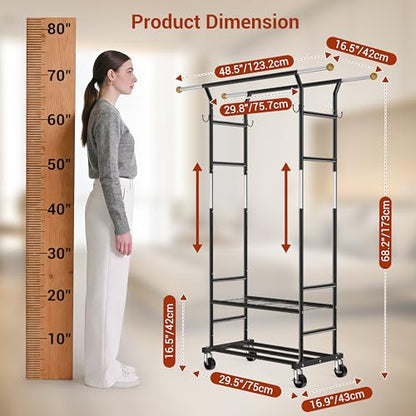 Clothes Rack with 3-Level Height Adjustment - Double Rod Extendable Hanging Rails with Wooden Finials, Luxury 2-Tier Metal Storage Shelves - Sturdy Wardrobe Rack for Closet, Bedroom or Laundry - color: 2-Tier (68.5 H")