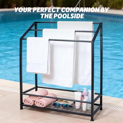 Hjarta Extra Wide 31.5 Inch Standing Towel Rack, Tall 40 Inch Free Standing Towel Rack with Storage Shelf, 3 Tier Towel Stand for Bathroom Outdoor Poolside