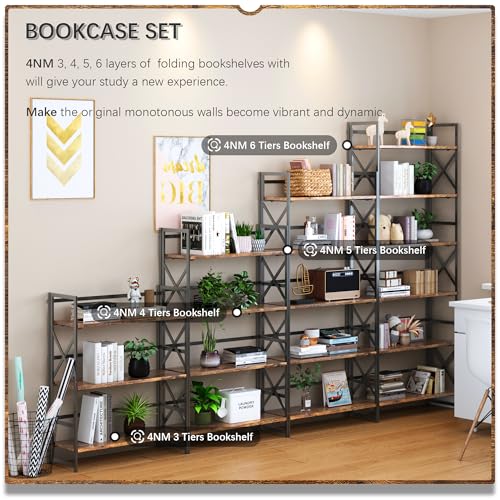 4NM 6 Tiers No Assembly Book Shelves, 61.8" H Folding Bookshelf Bookcase Open Industrial Foldable Shelves for Bedroom, Living Room, Home Office - Rustic Brown Black - color: Rustic Brown Black, size: XX 6-Tier
