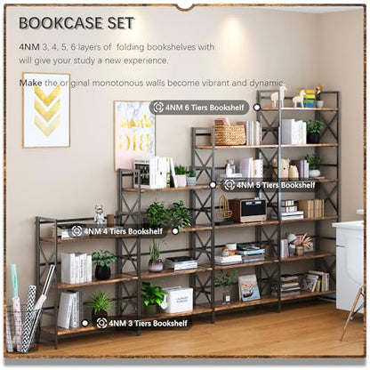 4NM 6 Tiers No Assembly Book Shelves, 61.8" H Folding Bookshelf Bookcase Open Industrial Foldable Shelves for Bedroom, Living Room, Home Office - Rustic Brown Black - color: Rustic Brown Black, size: XX 6-Tier