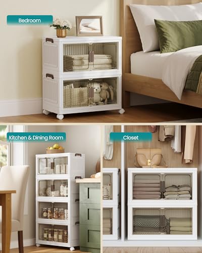 SONGMICS 58QT Plastic Storage Bins with 1 Lid, 4-Tier Stackable Bins with Doors and Wheels, Foldable Storage Boxes, for Closets, Bedroom, Living Room, Office, White URLB460WZ01 - size: 4 x 58QT