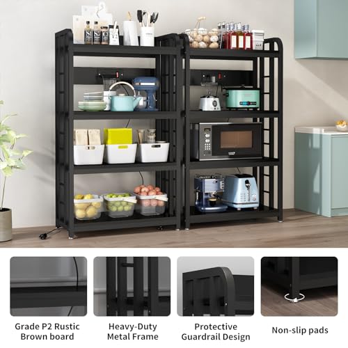 Bakers Rack with Power Outlet ，Microwave Stand 4-Tier Kitchen Baker's Rack, Free Standing Baker's Rack Kitchen Stands with Storage Suitable for Kitchen, Living Room, Dinning Room，Coffee Bar (Black) - color: Black