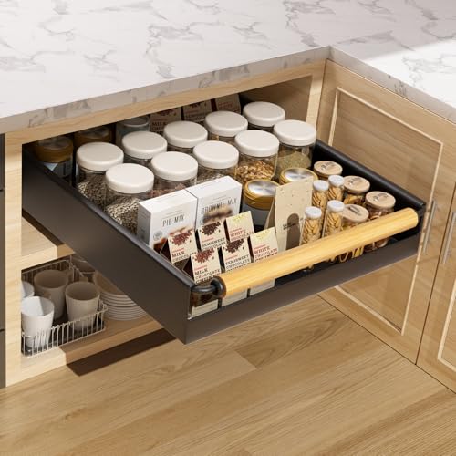 Pull Out Cabinet Organizer, 15.3'' Deep Expandable Slide Out Cabinet Organizer Fixed with Adhesive Nano Film, Slide Out Drawers Pull Out Tray for Cabinet in Kitchen, Pantry, Bathroom, Black - color: Black