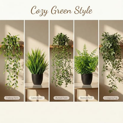 5 Pack Fake Plants - Artificial Hanging Plants & Small Potted Faux Eucalyptus Fern Ivy, UV Resistant Maintenance-Free, for Shelf Wall Desk Home Office Bathroom Indoor Outdoor Decor - size: 5-pack-5in1