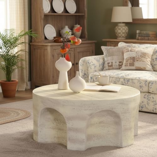Round Marble Coffee Table 31.5" Faux Stone Coffee Table for Living Room, Modern Travertine Center Table, Magnesium Oxide, No Assembly, Beige - color: Faux Stone-arched Deco-beige