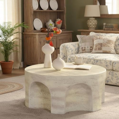 Round Marble Coffee Table 31.5" Faux Stone Coffee Table for Living Room, Modern Travertine Center Table, Magnesium Oxide, No Assembly, Beige - color: Faux Stone-arched Deco-beige