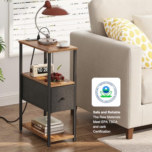 TUTOTAK Small Narrow End Table with Charging Station, Set of 2, Side Table with Outlets, Nightstand with Cloth Drawer, Couch Table, for Living Room, Bedroom, Bedside, Brown and Black TB01BB058K - color: Brown and Black, style: 1 Drawer & Plug