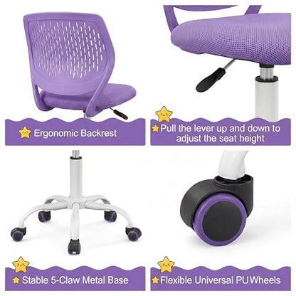 Costzon Kids Desk Chair, Armless Height Adjustable Kids Computer Chair w/Elastic Sponge Filling, Ergonomic Backrest & Stable 5-Point Wheels, Children Rolling Swivel Chair for Studyroom (Purple) - color: Purple