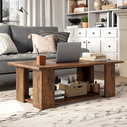 Tangkula 2-Tier Coffee Table, Modern Rectangular Center Cocktail Table with 5 Support Legs, Wooden Accent Living Room Furniture, Small Coffee Table for Small Spaces, Easy Assembly (Rustic Brown) - color: Rustic Brown