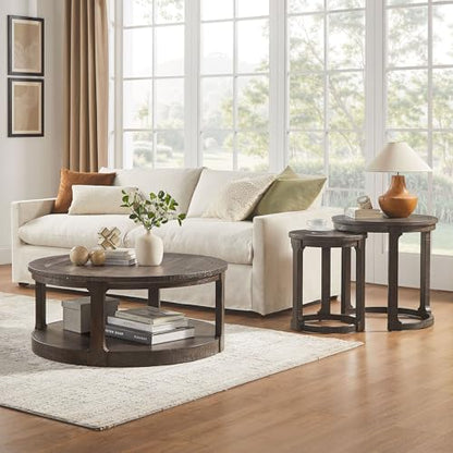 Round End Side Table Set of 2, Handcraft Nesting Table for Living Room, Modern Wood Circle Style, Easy Assembly, Dark Brown - color: S1-2pcs-dark Brown