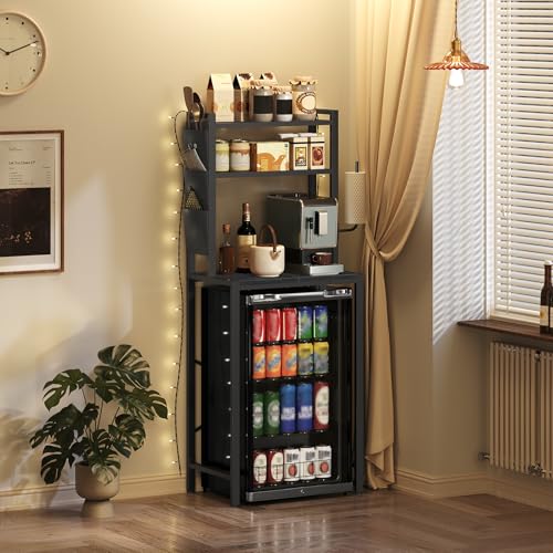 MAHANCRIS Bakers Rack with Mini Fridge Shelf, 3-Tier Microwave Stand, Coffee Bar Station with Paper Holder, Freestanding Kitchen Storage Rack, for Kitchen, Black BRBK5401 - color: Black