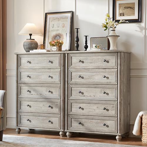 RWYHG Farmhouse 5 Drawer Dresser Set of 2, Chest of Drawers for Bedroom | 45" Tall Grey Vertical Dressers with 4 Wooden Legs, Metal Handles, Storage Organizer for Living Room, Hallway, Closet - color: Grey, size: 15.8"D x 31.5"W x 45"H (5 Drawers)