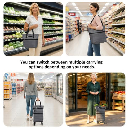 JIANWEI Collapsible Shopping Cart with 360° Swivel Wheels, Portable Folding Trolle-y Grocery Bag, Reusable Foldable Tote Grocery Cart Large Capacity Used for Travel and Home (Grey)