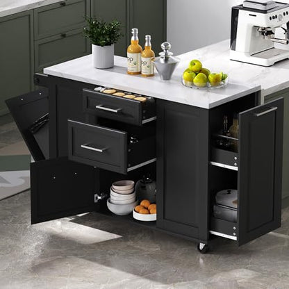 Kitchen Island with Trash Can Storage Cabinet and Faux Marble Top | Black, 50.7" Rolling Kitchen Cart on Wheels with Drop Leaf, Spice Rack, Towel Rack and Adjustable Shelf for Dining Room - color: Black