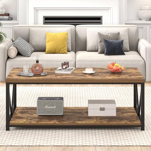 EXCEFUR Modern Coffee Table, Rustic Wood and Metal Living Room Table with Storage Shelf, Industrial Rectangle Center Table, 47 Inch Brown - color: Rustic Brown, size: 47 inch