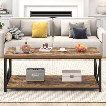 EXCEFUR Modern Coffee Table, Rustic Wood and Metal Living Room Table with Storage Shelf, Industrial Rectangle Center Table, 47 Inch Brown - color: Rustic Brown, size: 47 inch