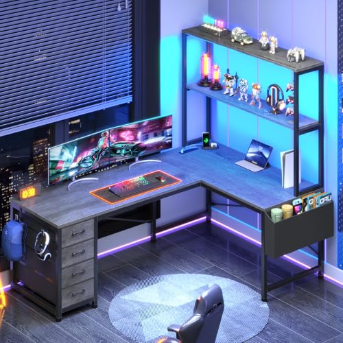 SEDETA L Shaped Gaming Desk, 51.2" Reversible Small Corner Desk with 4 Drawer, Power Outlet & LED Lights, Home Office Desk with Storage Shelves for Small Space, Gray - color: Grey