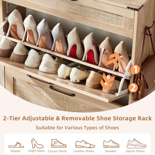 LEYAOYAO Shoe Cabinet Storage for Entryway with 2 Flip Drawers Rack Narrow Organizer Slim Hidden Wood Shoe Cabinet Furniture Natural Oak - color: Natural Oak