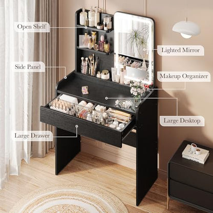 Memobarco Small Vanity Desk with Mirror and Lights, Makeup Vanity with Drawer & Storage Shelves, Vanity Desk with 3 Lighting Modes & Adjustable Brightness, Dressing Table for Women Girls, Black - color: Black