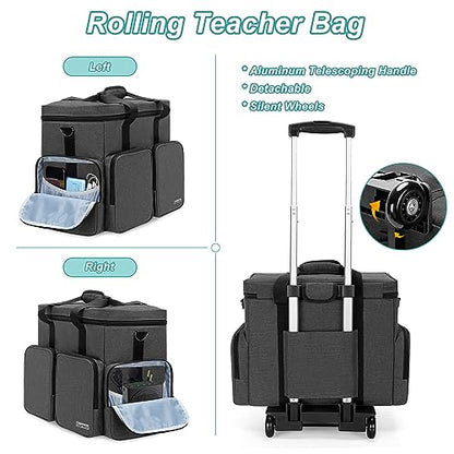 CURMIO Rolling Teacher Tote Bag with Padded Laptop Compartment for up to 15.6 Inches Laptop, Wheeled Teacher Bag for Teaching, Office, Craft, Black - color: Black