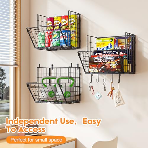 X-cosrack Metal Wire Basket Wall Mount, 3 Tier Wall Storage Organizer with 5 S Hooks, Kitchen Fruits and Vegetables Bin Toys Organizer Hanging Basket Black (S (10.83" L x 10.63" W x 30" H))
