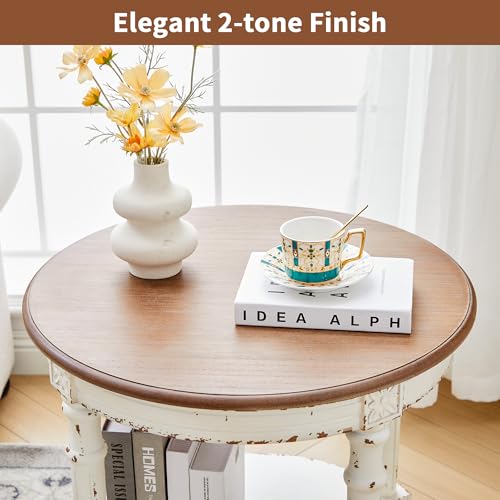 BERRYMERRY 23.6" French Country Round End Table Set of 2, Two Tone Distress 2 Tier Side Table for Living Room Small Space,No Tool Assembly - color: White 2pcs