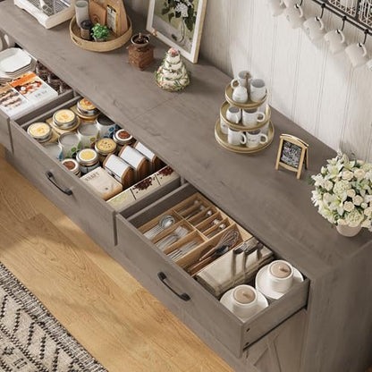 HOSTACK 71" W Farmhouse Kitchen Sideboard Buffet Cabinet with Storage, Grey | Large Coffee Bar Cabinet with 3 Wide Drawers, Long Buffet Table with Shelves, Kitchen Storage Cabinet for Dining Room - color: Ash Grey