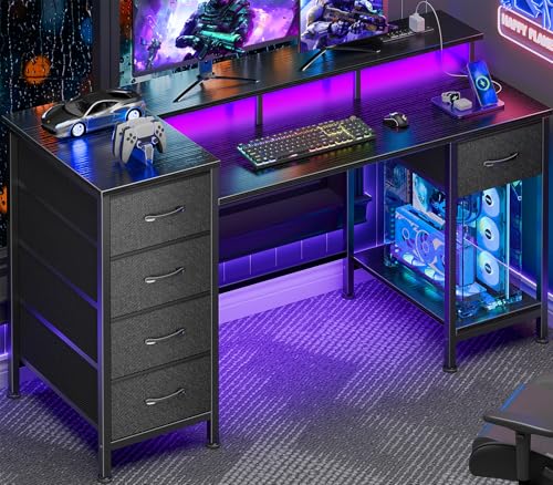 Korfile 47 Inch Gaming Desk with Power Outlets and LED Lights, Reversible Computer Desk with 5 Fabric Storage Drawers, Home Office Desk with Monitor Stand for Working Writing Study, Black - color: Black, size: 47 Inch