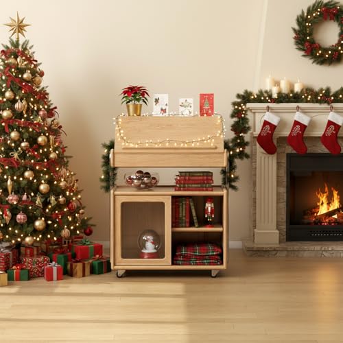 Solid Wood Side Table with Wheels, Flip Top Side Table with Storage, Multi-Functional Storage Cabinet with Ample Space for Living Room, Bedroom(13.77" D x 26.77" W x 28.22" H, Natural) - color: Natural