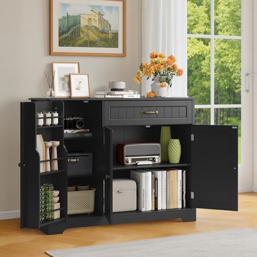 Ahomly Buffet Cabinet, Coffee Bar, Sideboard Cabinet with Internal Storage Shelf for Dining Room, Kitchen, Living Room, Kitchen and Laundry Room, Black - color: Black