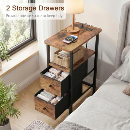 LOAKEKEL Narrow End Table with Charging Station, Side Tables Living Room | End Tables Living Room Set of 2, Skinny Nightstand with Fabric Drawers, Slim Sofa Table for Bedroom, Small Spaces, Brown - color: Rustic Brown + Black, style: Power