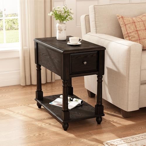 Narrow Open End Table with Drawer, Solid Wood Side Table 2-Tier Skinny Table with Storage Shelves Slim Nightstand Small Sofa End Table for Living Room Bedroom-Antique Black 004BK - color: Antique Black, size: Single