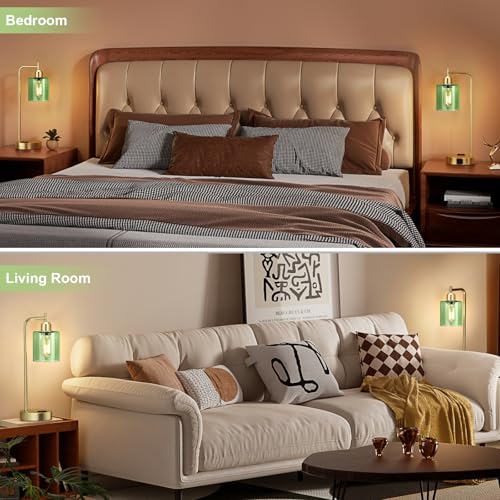 Innqoo Industrial Green Table Lamps for Bedrooms Set of 2-3-Way Dimmable Desk Lamp with USB C+A Ports and Outlet, Gold Lamps with Green Glass Shade for Living Room - color: Green Shade& Gold Base