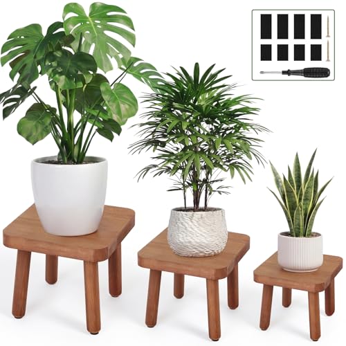 Pinkunn 3 Pcs Wood Plant Stand Indoor Plant Stand for 3-12 Inch Pots Mid-century Modern Plants Stool Plants Pot Holder Home Decor for Balcony Living Room Office Courtyard Detachable(Square Style) - style: Square Style