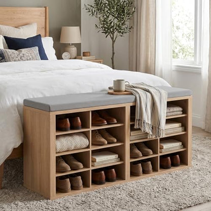 ITEFDTUTNE Shoe Rack Bench 40.94" Entryway Bench with Shoe Storage 16 Cubby Wood Shoe Organizer Bench with Removable Cushion for Hallway, Living Room, Bedroom and Garage - color: Natural Wood + Light Gray