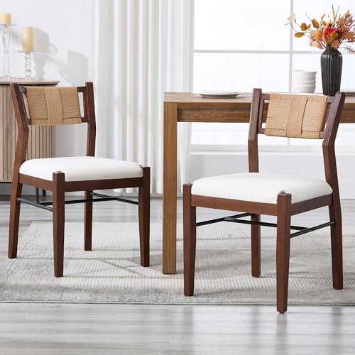 BESTANO Modern Armless Dining Chairs with Rope Woven Back Set of 2, White Upholstered Kitchen & Dining Room Chairs, Mid-Century Classic Farmhouse Wooden Side Chair - color: White, size: 2 Chairs
