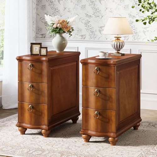 Tribesigns Wood End Table Set of 2, Fully Assembled Nightstand with Drawers | Narrow Tall Slim Side Table for Bedside, Small Spaces, Living Room, Bedroom, Walnut Brown, No Assembly Required - color: Walnut Brown