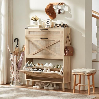LEYAOYAO Shoe Cabinet Storage for Entryway with 2 Flip Drawers | Rack Narrow Organizer Slim Hidden Wood Shoe Cabinet Furniture - color: Natural Oak