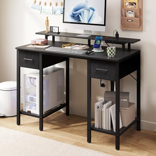 Furnify 42 Inch Computer Desk with Fabric Drawers & USB Power Outlet, Black | Built-In USB Charging Station, Study Writing Table with Monitor Stand, Multifunctional Workstation for Bedroom Studyroom - color: Black