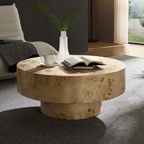 31.49'' Round Coffee Table Modern Wood Coffee Table for Living Room, Contemporary Circle Fluted Drum Pedestal Style, Burl Wood Veneer, Easy Assembly, Natural (ø31.49'' x 13.77'') - color: Ø31.49'' -Natural