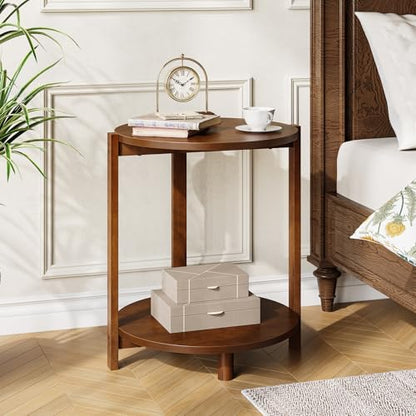Solid Wood Side Table Set of 2, Small Round End Table with 2-Tier Storage, 19-Inch Wooden Circle Retro Nightstand, Accent Furniture for Small Spaces, Bedroom, Living Room, Brown