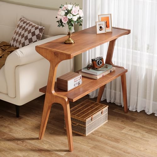 Tribesigns 2-Tier Solid Wood Side Table, Mid-Century Modern End Table with Storage Shelves, Tall Slim Side Table for Couch with Unique Legs, Long Bedside Table for Bedroom, Living Room, Cherry - color: Cherry