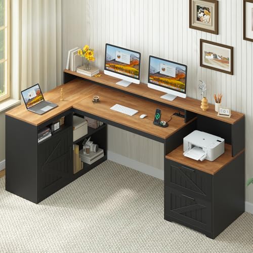 TVU Farmhouse L Shaped Desk with Drawers, 62.2" Home Office Desk with Storage Shelves and Power Outlet, L Shaped Computer Desk with Monitor Stand and Printer Shelf, Brown and Black - color: Brown and Black