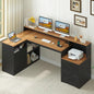 TVU Farmhouse L Shaped Desk with Drawers, 62.2" Home Office Desk with Storage Shelves and Power Outlet, L Shaped Computer Desk with Monitor Stand and Printer Shelf, Brown and Black - color: Brown and Black